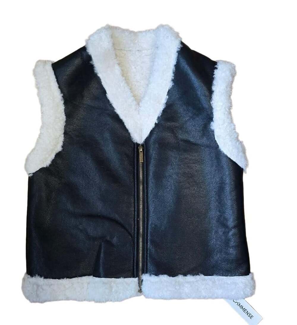 Black Faux Leather & Sherpa Trim Zip-Up Vest